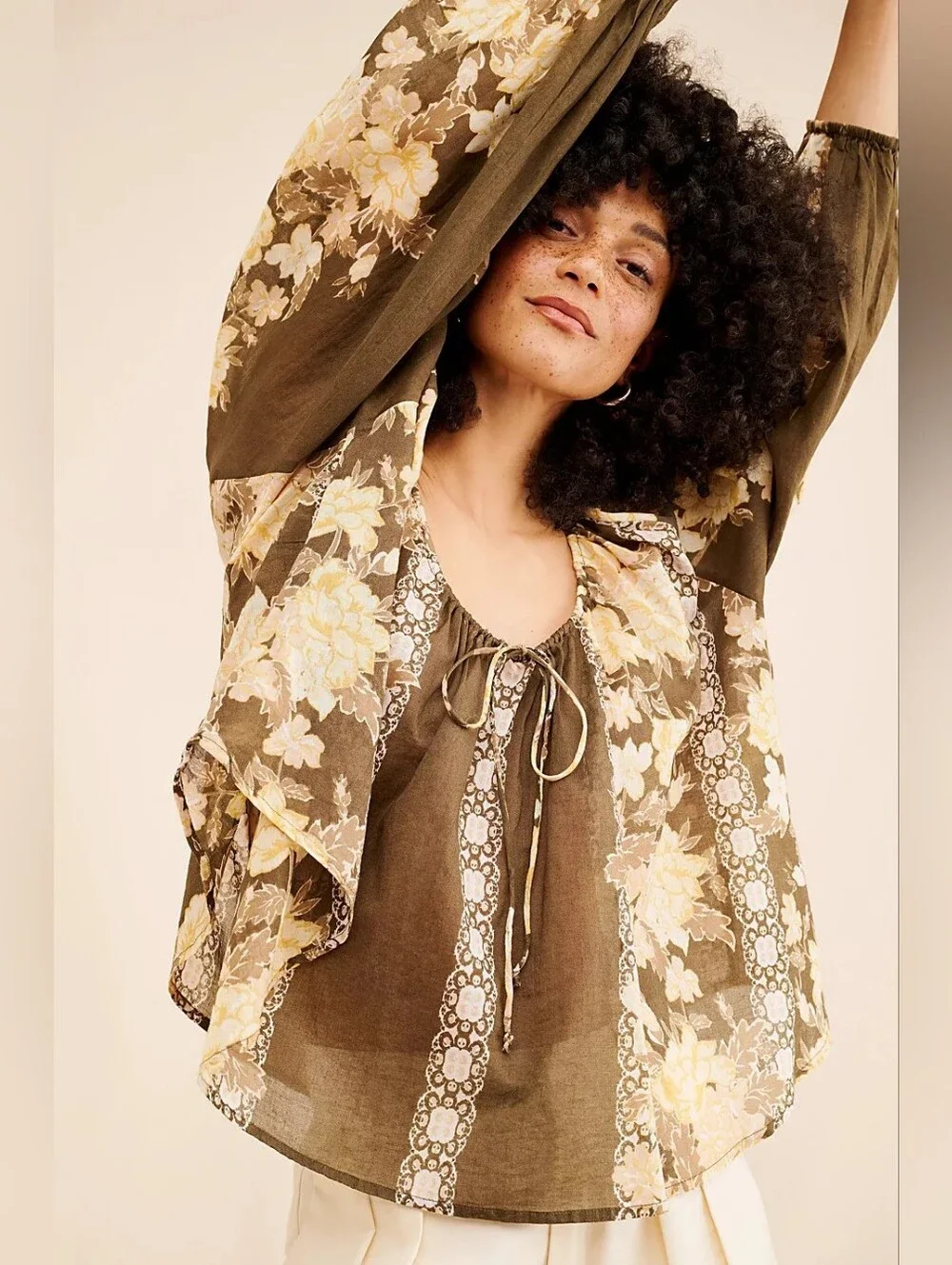 Free People Elena Printed Billowy Top Brown Floral Boho Peasant Blouse M